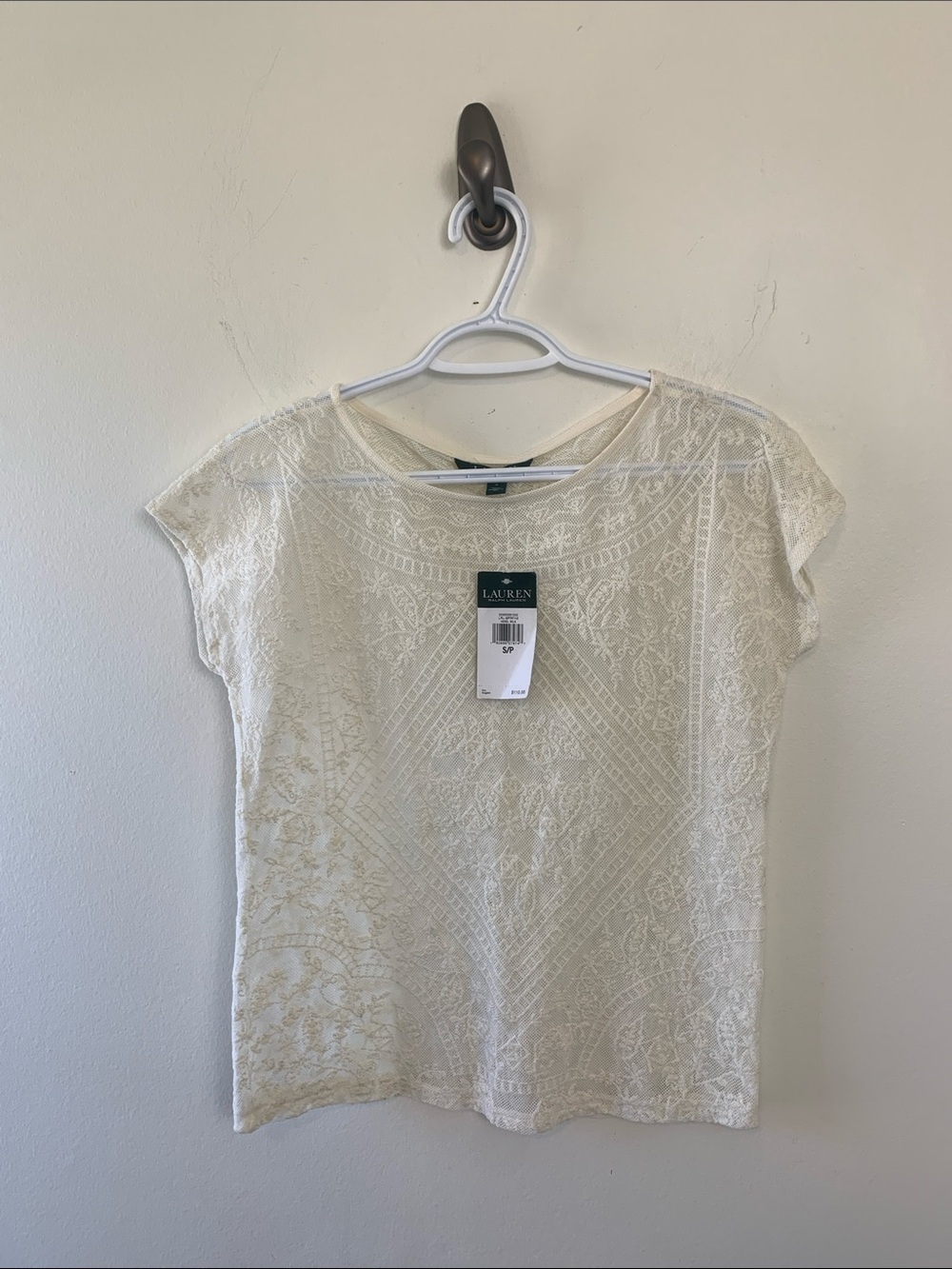Lauren Ralph Lauren Cream NWT Lace-Detail Short Sleeve Top, Stretch, Sheer